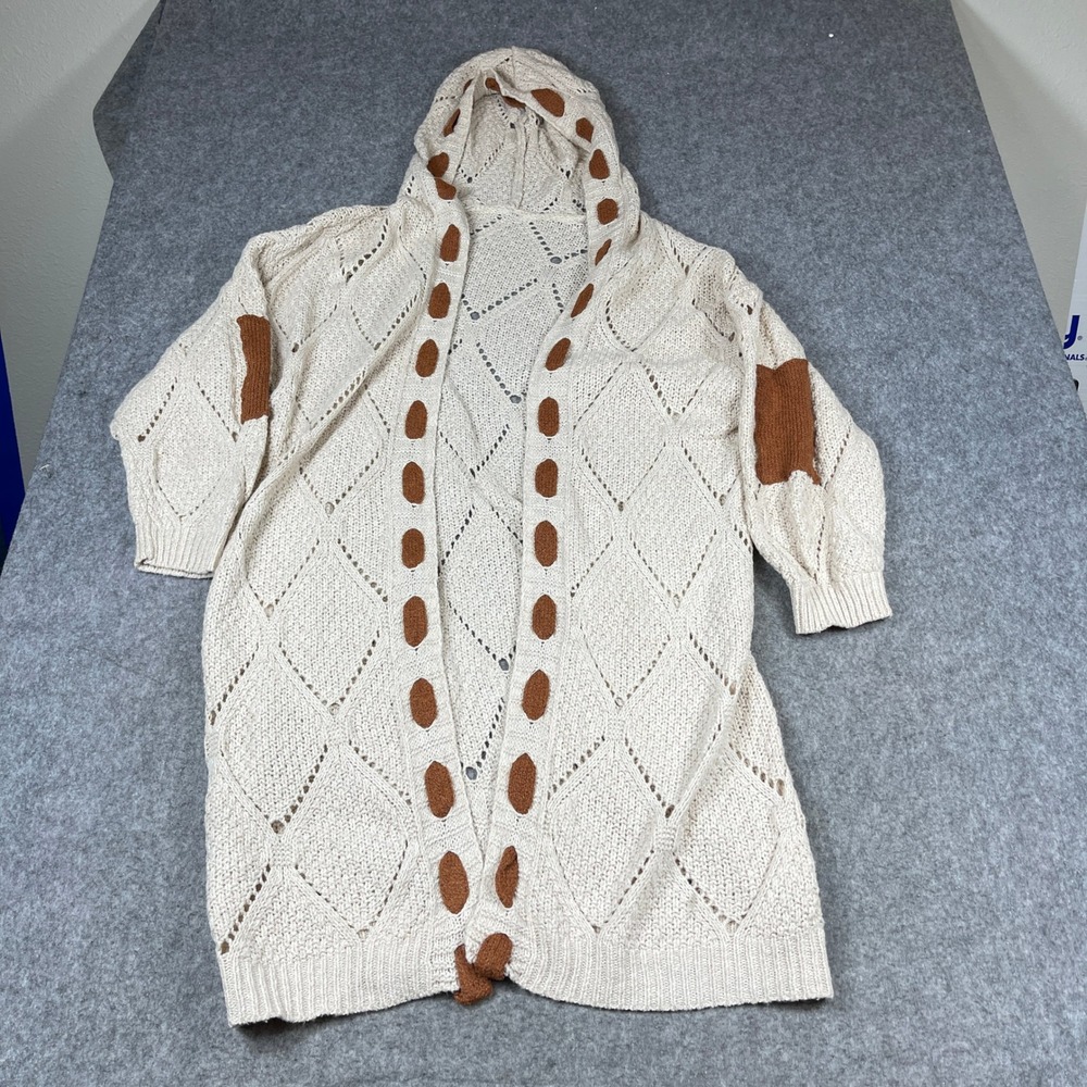 Cream Pointelle Knit Hooded Open Front Cardigan XXL Brown Contrast Crochet Style